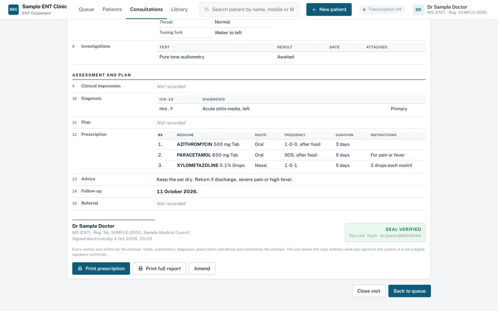 The signed report: investigations, diagnosis with its ICD-10 code, a prescription table with route, frequency and duration, advice, follow-up, and the doctor's name, qualification and registration number beside a verified seal.
